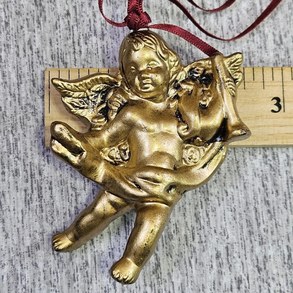 Vintage Christmas Ornament Angel Cherub Gold Finish Victorian Holiday Decoration